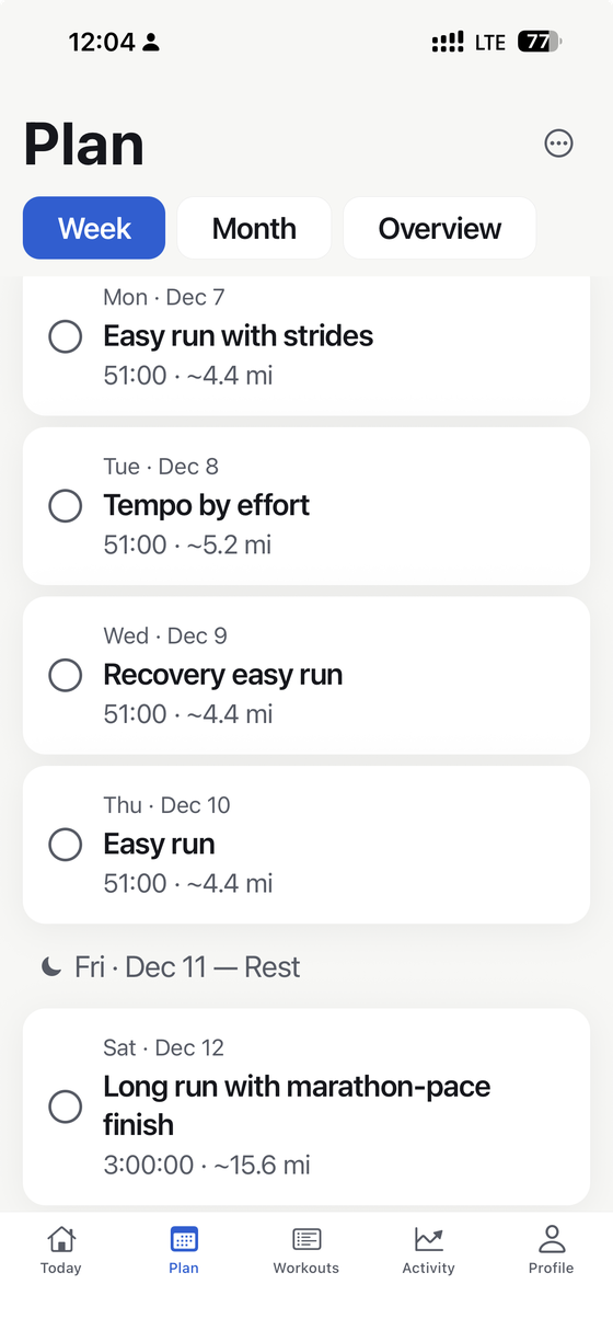 Volata plan calendar showing a week with easy runs, a tempo, recovery, rest and a long run